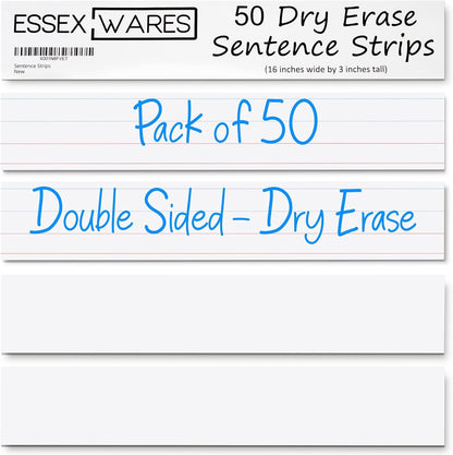 Essex Wares - 50 Pack - White - 16" Wide x 3" Tall Dry Erase Sentence Strips - Sentence Strips Cardstock - Reusable & Double Sided (Ruled & Blank) Sentence Strips for The Classroom, Home, Office