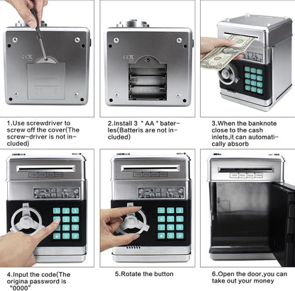 Piggy Bank Electronic Mini ATM for Kids Baby Toy, Safe Coin Banks Money Saving Box Password Code Lock for Children,Boys Girls Best Gift (Silver)