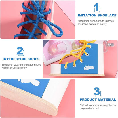 NUOBESTY Shoe Tying Practice for Kids Preschool Learning Toys Learn to Tie Shoes Tying Practice Board Early Educational Developmental Wooden Toy Toddler 2pcs