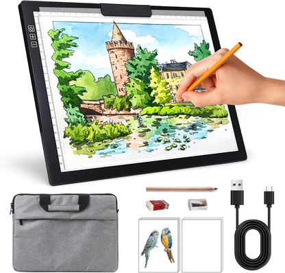 Rechargeable A3 Light Pad for Diamond Painting,Tracing Light Box with Stand and Clip,3 Colors Stepless Dimmable and 6 Levels of Brightness Light Board for Artists,Drawing,Sketching,Animation