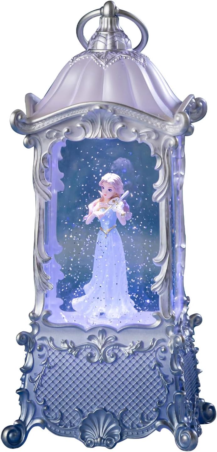 Snow Globe Lantern with Violin Girl – Shatterproof, Glitter Snowglobe 10 Songs Music Box, Led Light, USB or Battery Powered, for Girls Spring Day Gifts Birthday Home Decor Fall Decoration, Silver