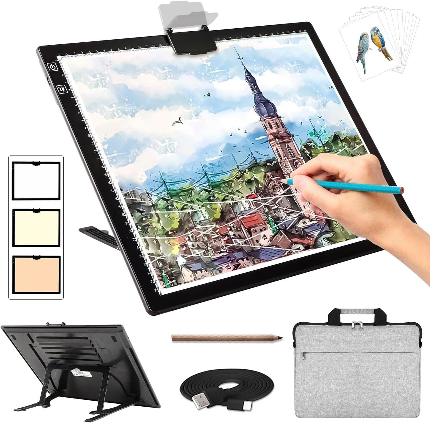 Rechargeable A3 Light Pad for Diamond Painting,Tracing Light Box with Stand and Clip,3 Colors Stepless Dimmable and 6 Levels of Brightness Light Board for Artists,Drawing,Sketching,Animation