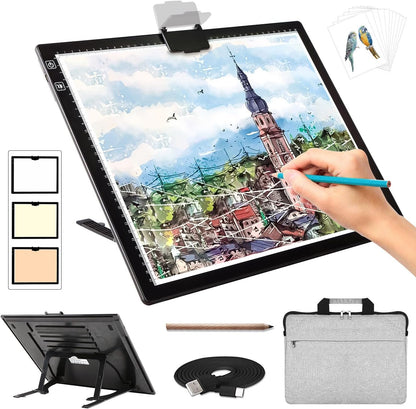 Rechargeable A3 Light Pad for Diamond Painting,Tracing Light Box with Stand and Clip,3 Colors Stepless Dimmable and 6 Levels of Brightness Light Board for Artists,Drawing,Sketching,Animation