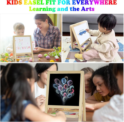 Kids Tabletop Double-Sided Wooden Art Easel - Chalkboard & Whiteboard Painting Board for Toddlers, Dry-Erase Classroom Desk Easel with Chalk, Markers, Eraser, Magnetic Letters/Numbers & Flashcards