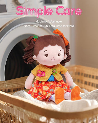 LeyaDoll Soft Bady Educational Soft Baby Doll(16''), Learning Sensory Doll for Toddlers, Montessori Toys for 2-Year-Old Girls Christmas, Birthday Gifts, Plush Doll with Button-Busy Cupcake-Girl