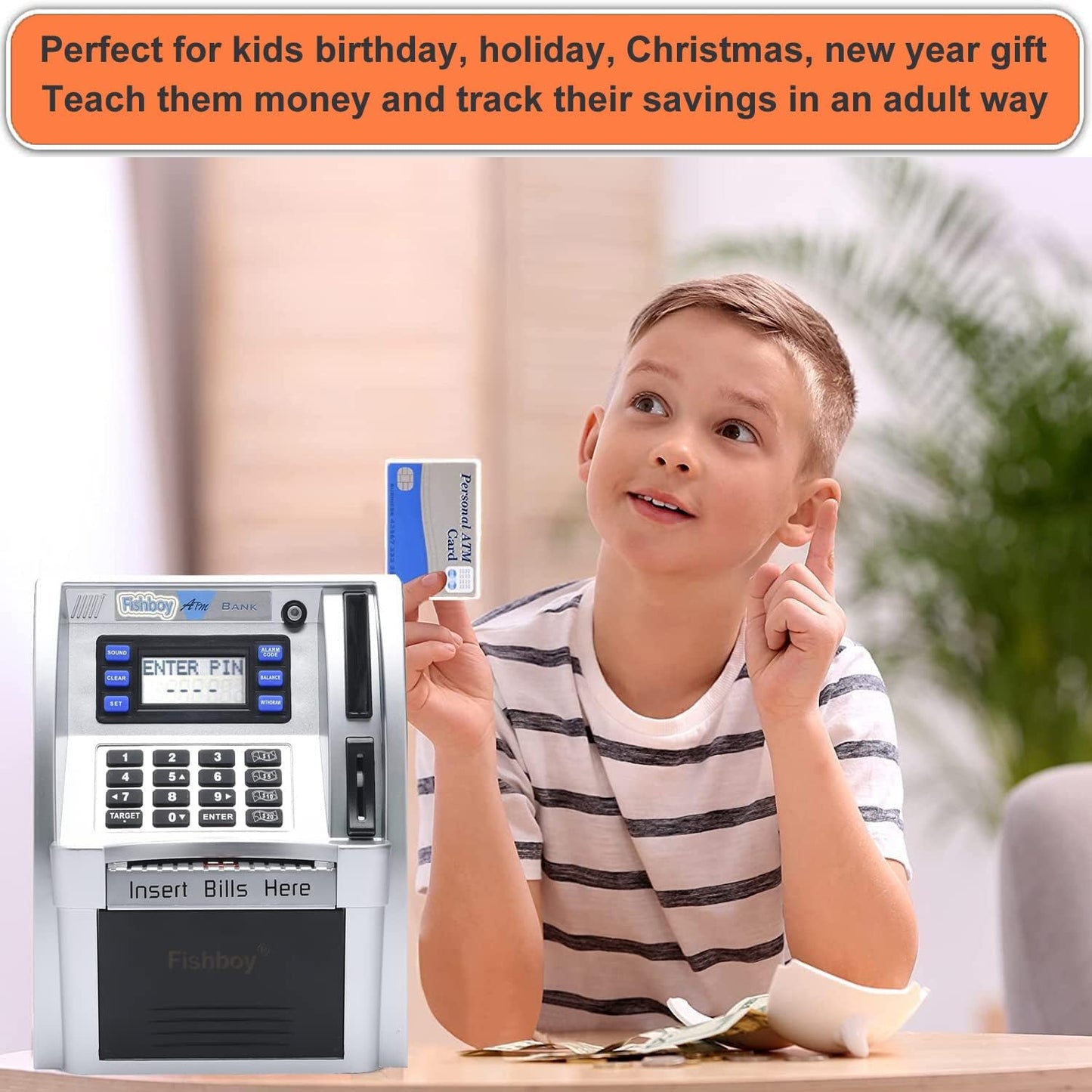 Fishboy Talking Pink ATM Piggy Bank for Kids with Dual Debit Cards, Power-Off Memory, Auto-Opening Drawer for Real Money for Girls, Onekey Shutdown, Bill Feeder, Coin Recognition, Balance Calculator