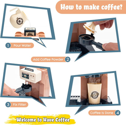Pretend Play Coffee Shop Playset 41 PCS with Coffee Maker Machine, Sound Cash Register and Dessert Bakery Realistic Role Play Toy with Play Money, Donuts Cakes for Kids Birthday Party Fun