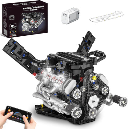 OWNONE 1 V8 Engine Model Kit that Work - 8-Cylinder Visible Engine Building Blocks Set with Motor, LED Light & APP Control - Build Your Own Engineering Kit, STEM Project for Adults & Kids (660 PCS)