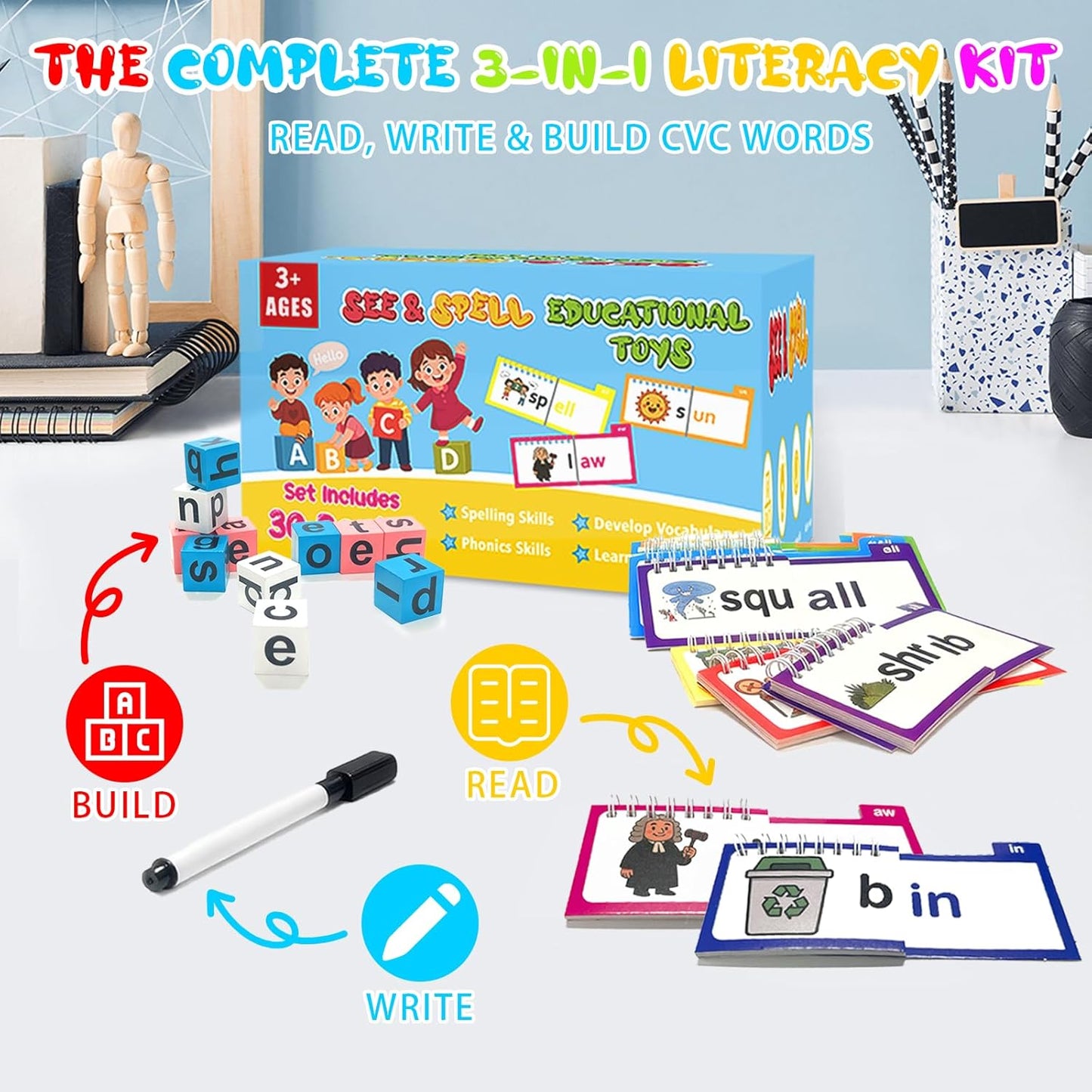 30 Word Family Flip Books, 3-in-1 Read and Rhyme Flip Activity Book Set, ABC Vocabulary Flash Cards, Sight Words Flashcards, Learn to Read Phonics Cards for Kindergarten, Homeschool Supplies