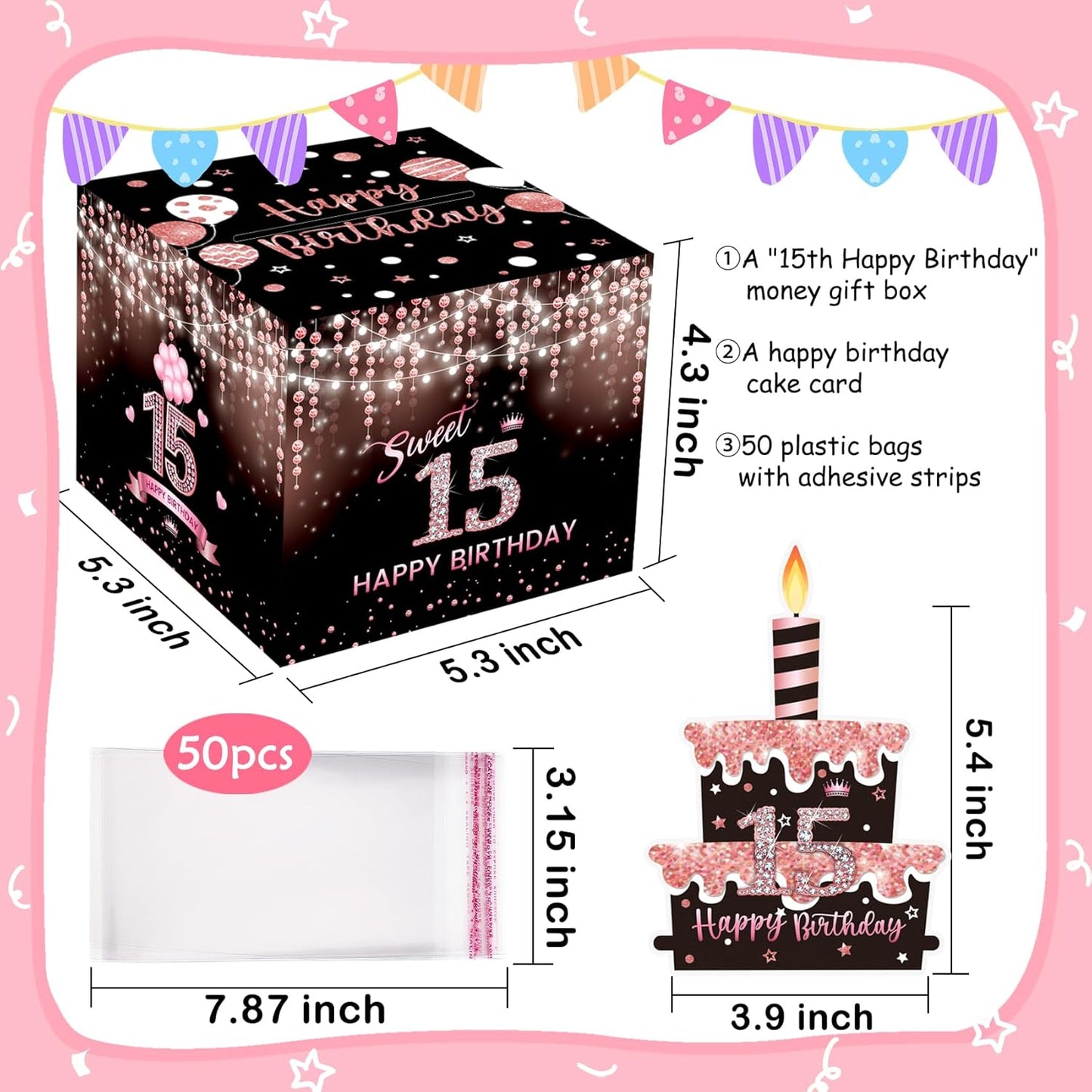 Birthday Money Box for Cash Gift Pull, Surprise Gift Boxes for Money, Money Holder Box with Pull Out Happy Birthday Card and 50Pcs Transparent Bags, Money Gift Ideas for Kids and Adults