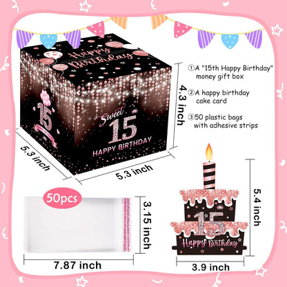 Birthday Money Box for Cash Gift Pull, Surprise Gift Boxes for Money, Money Holder Box with Pull Out Happy Birthday Card and 50Pcs Transparent Bags, Money Gift Ideas for Kids and Adults