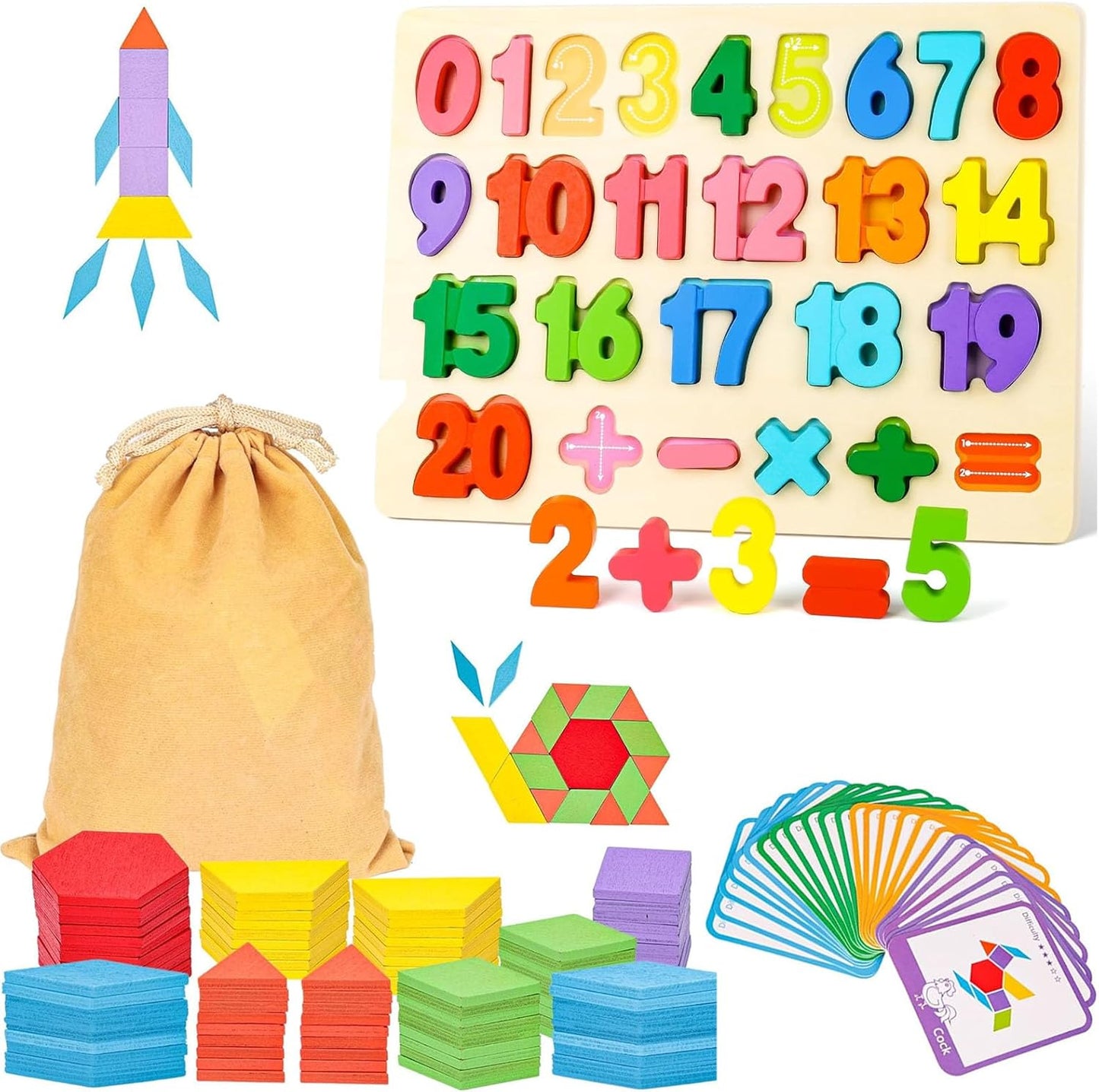 Kids Bundle – 209 PCS Wooden Pattern Blocks with Activity Cards & Bag + Montessori Number Puzzle Set, Preschool Shape Learning Toys for Boys Girls Classroom Gifts