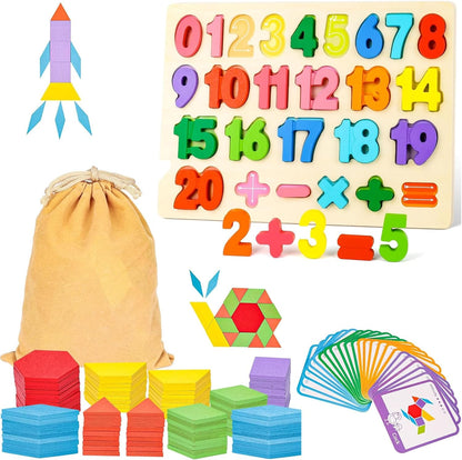 Kids Bundle – 209 PCS Wooden Pattern Blocks with Activity Cards & Bag + Montessori Number Puzzle Set, Preschool Shape Learning Toys for Boys Girls Classroom Gifts
