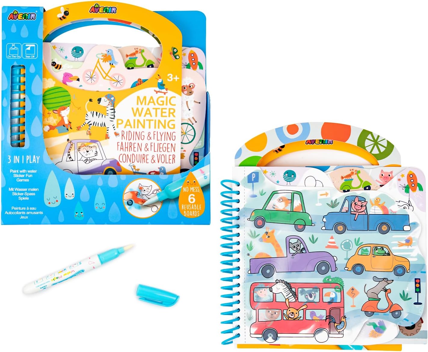 Avenir Reusable Water Coloring Book for Toddlers 3-5 – Mess-Free Paint-with-Water Travel Toy Airplane Activities Road Trip Quiet Book, Water-Reveal Activity Pad, 3-in-1 Creative Set