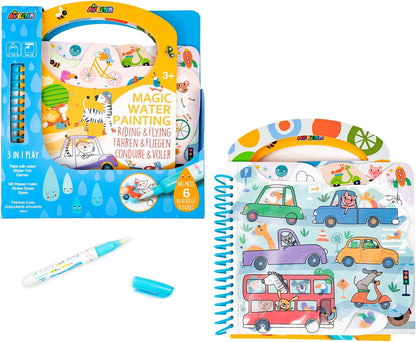 Avenir Reusable Water Coloring Book for Toddlers 3-5 – Mess-Free Paint-with-Water Travel Toy Airplane Activities Road Trip Quiet Book, Water-Reveal Activity Pad, 3-in-1 Creative Set