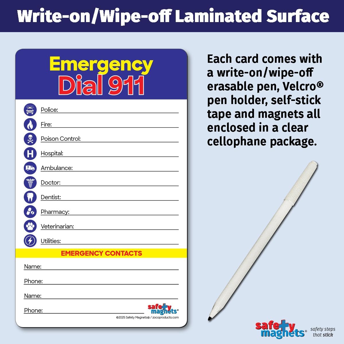 Safety Magnets by ZOCO – Emergency Numbers List with Marker – Write-On Refrigerator Magnet for Important Phone Numbers & Contacts – 5.25 x 8.5 inch