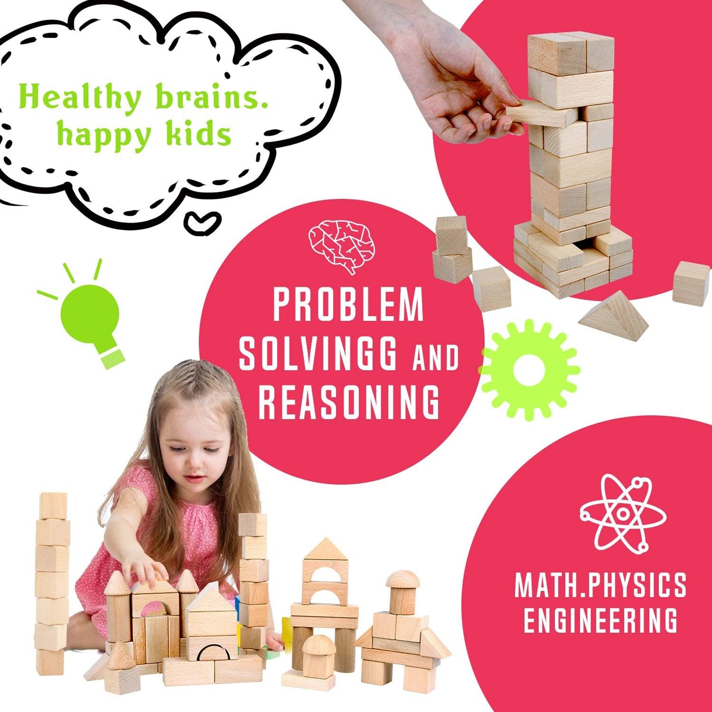 Migargle Wooden Building Blocks Set for Kids - Stacker Stacking Game Construction Toys Set Preschool Colorful Learning Educational Toys - Geometry Wooden Blocks for 3+ Year Old Boys & Girls