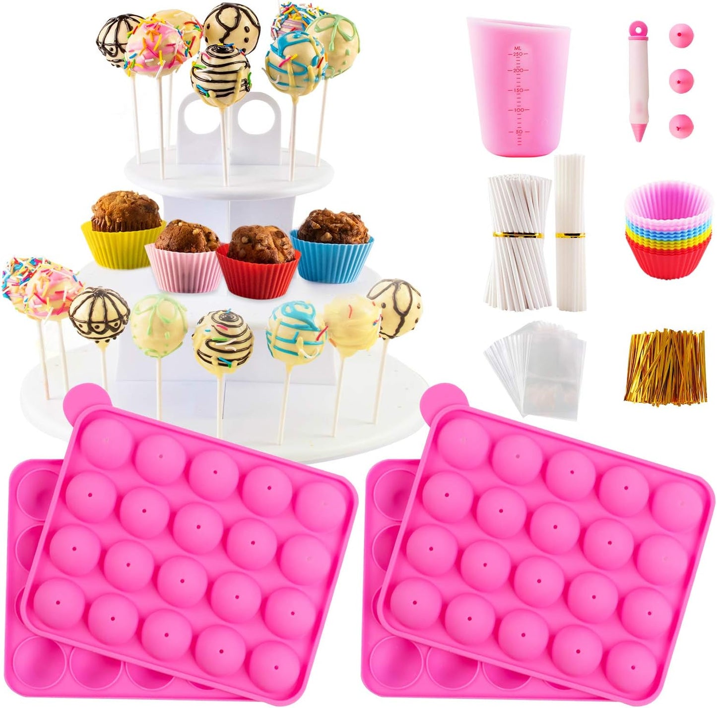 Silicone Cake Pop Mold Set - 2 Pack Lollipop Molds Kit with 40 Cake Pop Sticks, 100 Candy Treat Bags, and 100 Gold Twist Ties, Great For Chocolate Lollipop, Candy, Cake Pops