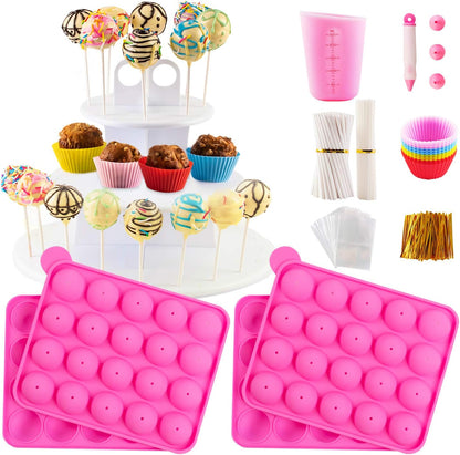 Silicone Cake Pop Mold Set - 2 Pack Lollipop Molds Kit with 40 Cake Pop Sticks, 100 Candy Treat Bags, and 100 Gold Twist Ties, Great For Chocolate Lollipop, Candy, Cake Pops