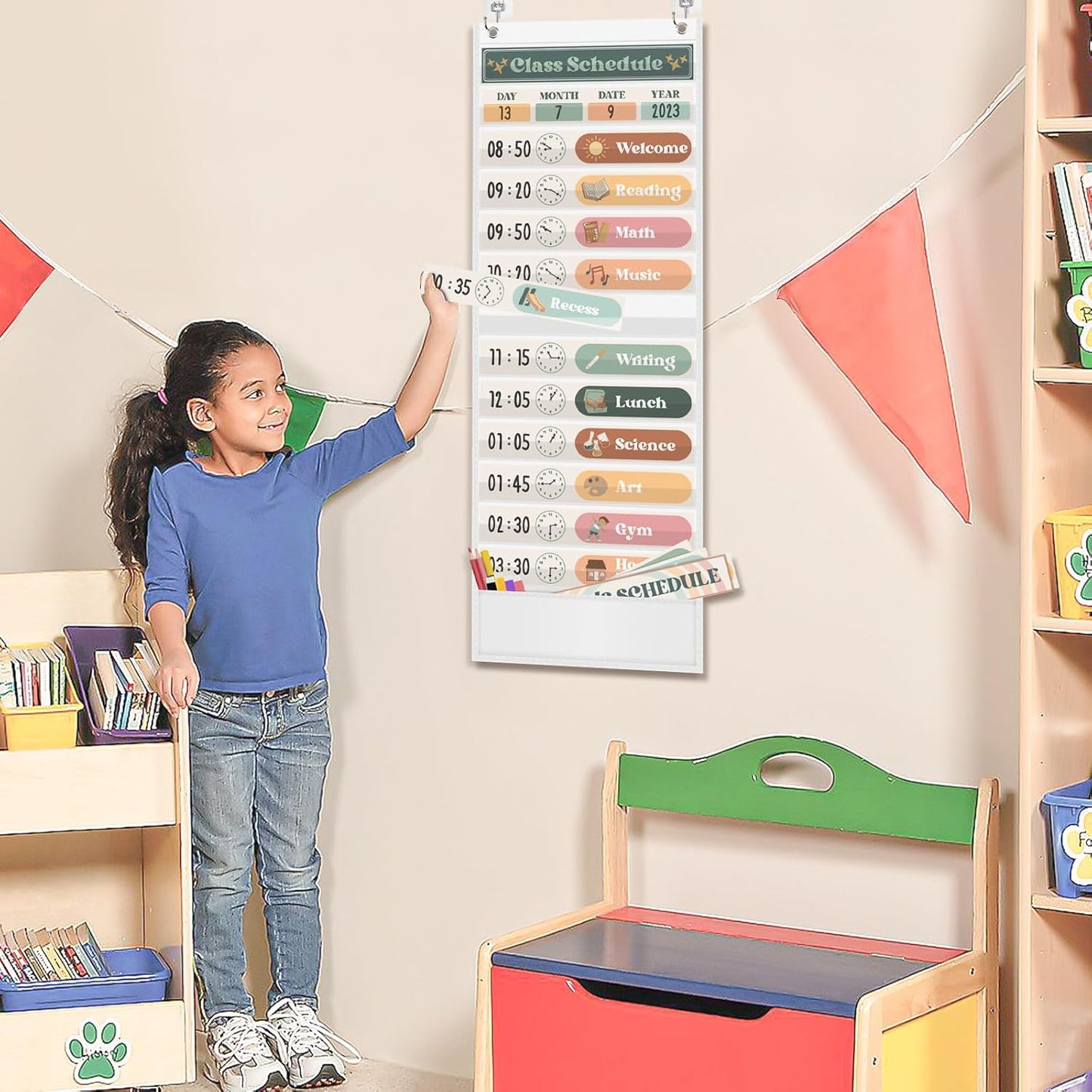 Godery Boho Daily Schedule Pocket Chart for Classroom with 24 Cards，Welcome Back to School Classroom Decorations, White