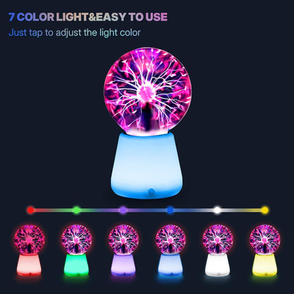 Plasma Ball Lamp 3-Inch, Touch Reactive Lightning Globe, USB-C Powered Electric Plasma Ball, 7-Color LED Base Night Light, Interactive STEM Science Toy, Desk Decor Gift