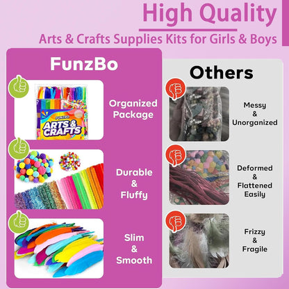 FUNZBO 2000Pcs+ Arts & Crafts Supplies Kits for Kids, DIY Craft Supplies for Toddlers Art Supply Tools Set Pipe Cleaners, Pom Poms and Feather, Birthday Gifts for Kid Girls Ages 4-8-12