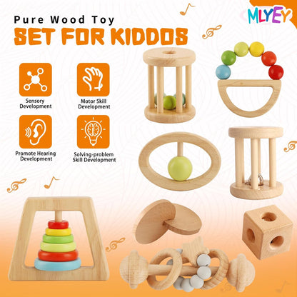 Wooden Rattles for Baby, 7PCS Wooden Montessori Toys for 7-24 Months Baby Boy Girl, Natural Beech Wood Grasping Toy, Gift for Babies