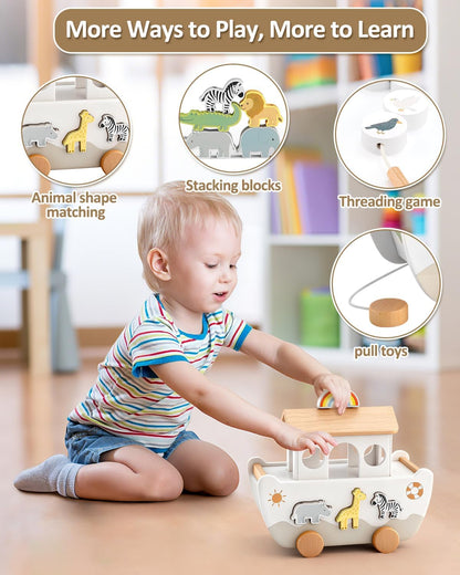 Wooden Noah’s Ark Toy for Toddlers 1-3, Baptism Christening Gifts for Boys Girls, Christian Toy Animal Shape Sorter, Baby Birthday