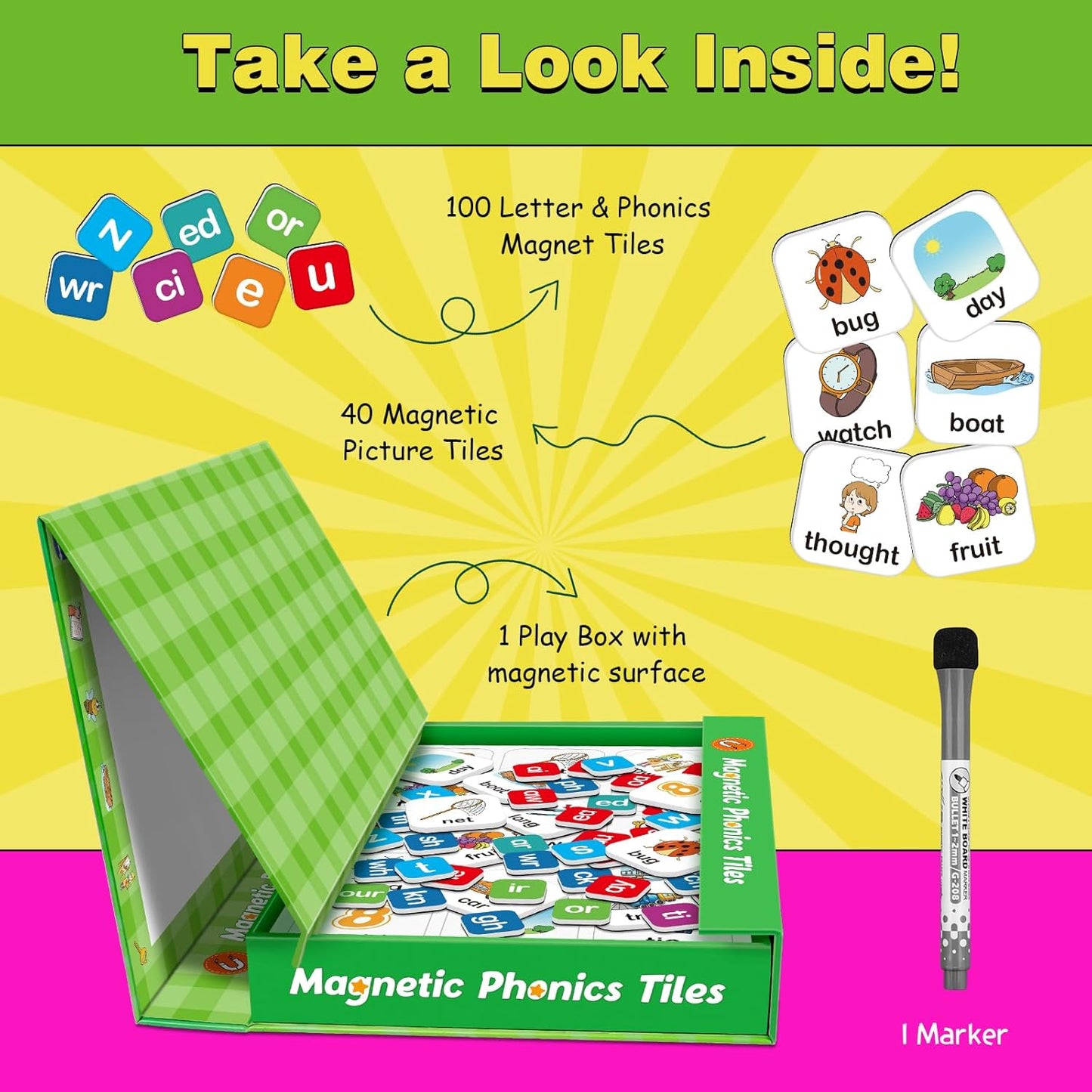 Aizweb Phonics Magnetic Letters Tiles,Phonics Games Hooked on Phonics,Learn to Read Spelling Phonemic Awareness Speech Therapy Manipulative Preschool Pre k Classroom Materials