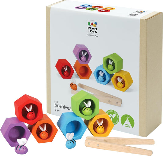 PlanToys® Wooden Beehive Color Sorting Toy for Toddlers | Montessori Fine Motor Skill Playset with Bees, Hives & Tweezers | STEM Learning Toy for Kids Ages 3+