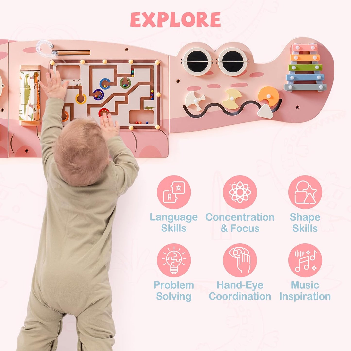ROBOTIME Crocodile Busy Board Wall Panels for Toddlers, Pink Montessori Sensory Activity Board, Montessori Sensory Wall-Mounted Learning Center Toy for Kids Room, Educational Toys for Boys & Girls
