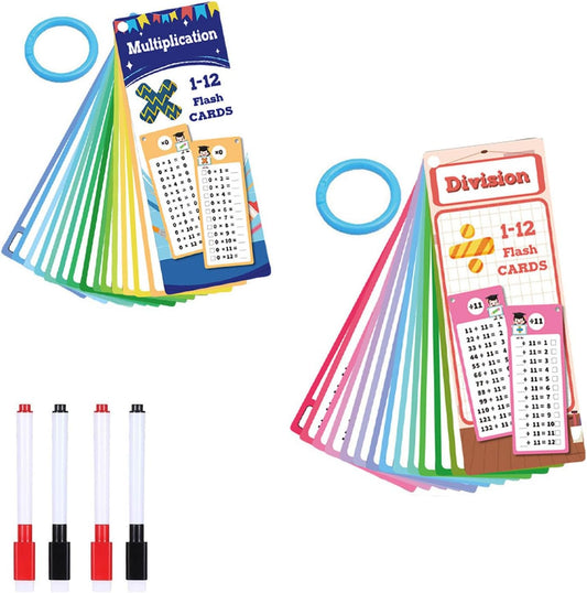 30PCS 1-12 Reusable Multiplication Flash Cards & Division Flash Cards with 4 Dry Erase Pens 2 Rings for Math Multiplication Game for Kids Classroom Home 1st to 3rd Grades