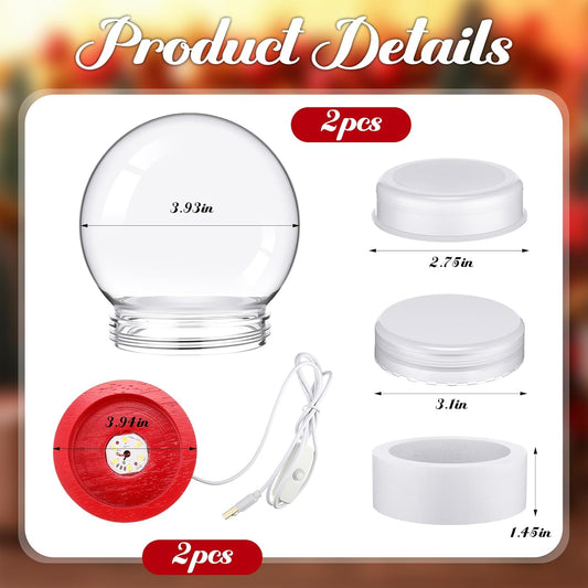 Irenare 2 Set Valentines DIY Snow Globes Set Warm Light Make Your Own Snow Globe with LED Light White Wooden Base Clear Plastic Globe Kit for Valentine Christmas Decor Gift