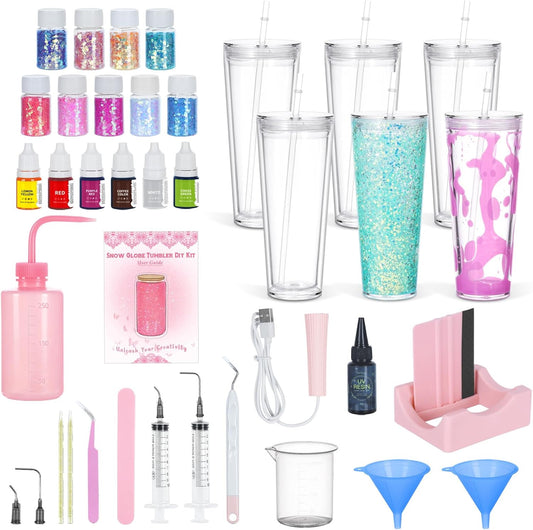 6 Pack 24 Oz Acrylic Lava Lamp Snow Globe Tumbler Diy Starter Kit, Double Wall Plastic Pre-Drilled Snowglobe Tumbler Supplies Craft Tool Set