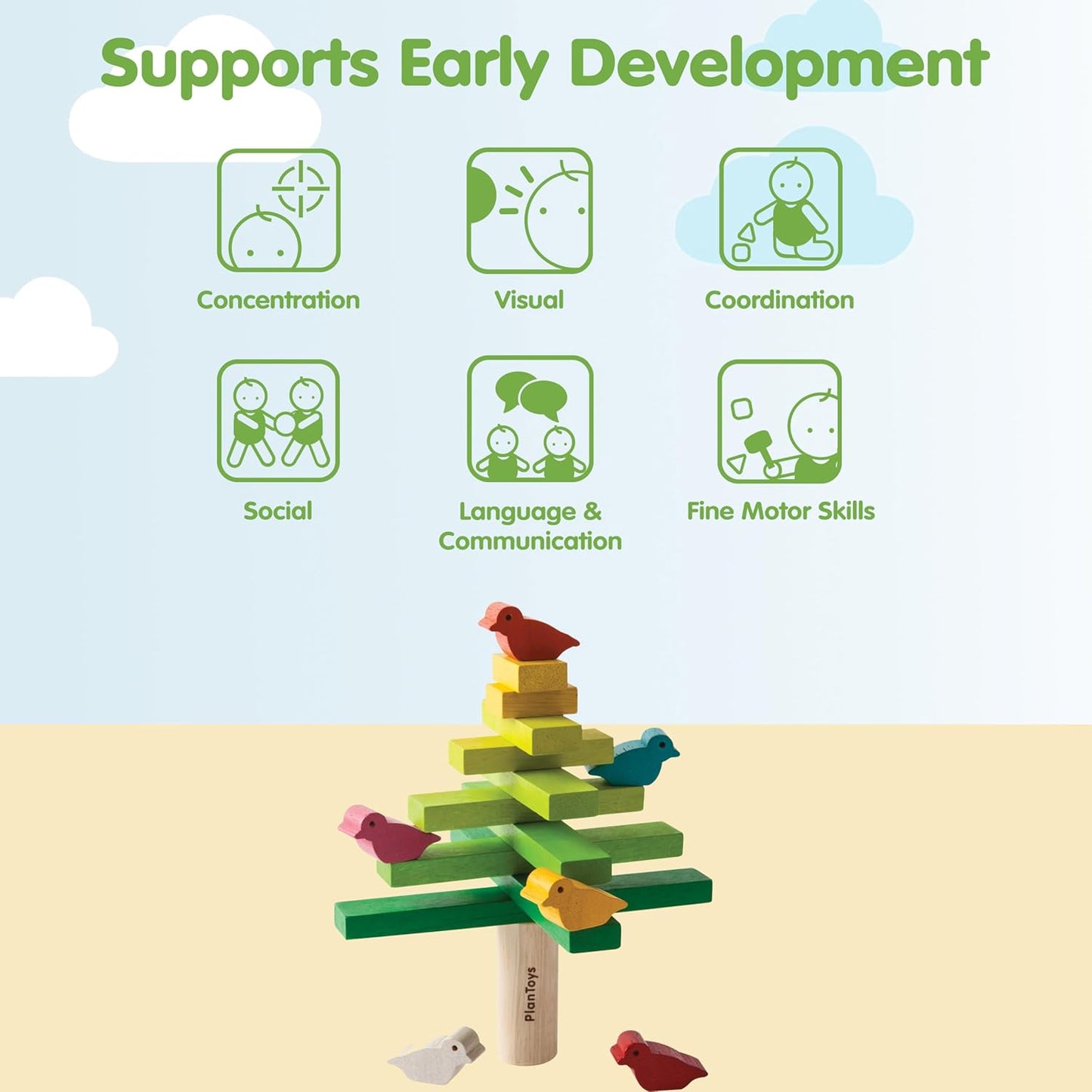 PlanToys® Balancing Cactus | Montessori Wooden Toy for Toddlers | STEM Game for Fine Motor Skills, Logic & Coordination | Eco-Friendly Educational Toy for Kids Ages 3+