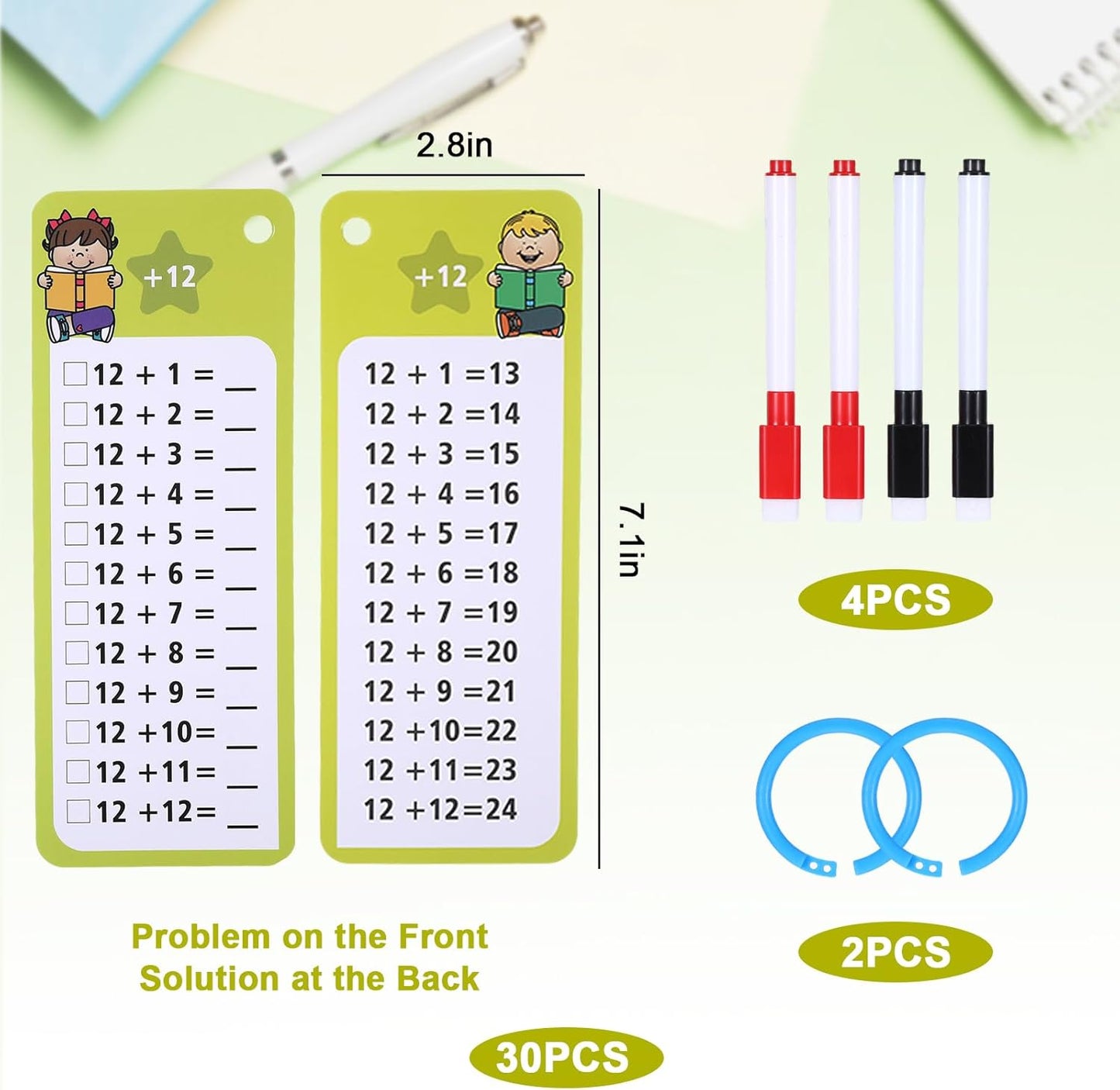 30 Pcs Addition and Subtraction Flash Cards, Math Flash Cards for 1st to 3rd Grades, Math Games Times Table Flashcards with 4 Dry Erase Pens 2 Rings for Learning