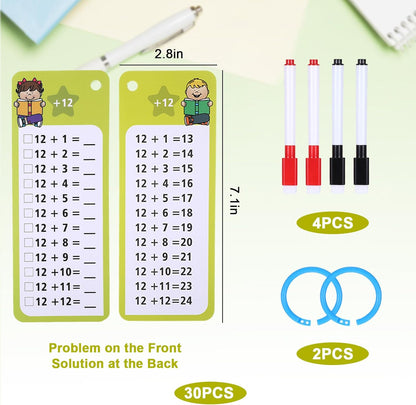 30 Pcs Addition and Subtraction Flash Cards, Math Flash Cards for 1st to 3rd Grades, Math Games Times Table Flashcards with 4 Dry Erase Pens 2 Rings for Learning