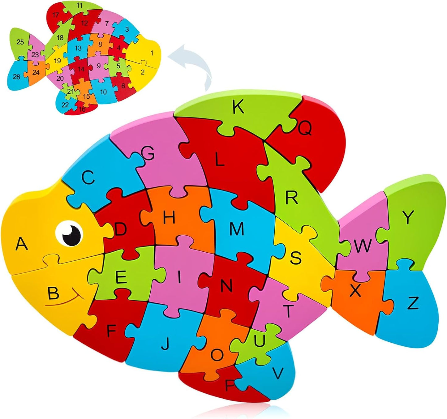 LovesTown Wooden Puzzles for Kids, Double Sided Giraffe Jigsaw with Alphabet & Numbers, Montessori Educational Toy for Toddlers, Chunky Animal Gift