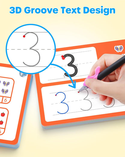 D-FantiX Magic Grooved Writing Practice for Kids Age 3-5, Reusable Grooved Handwriting Practice for Kids 5-7, Number Letter Tracing Practice Cards for Kids Kindergarten Preschool Learning Activities