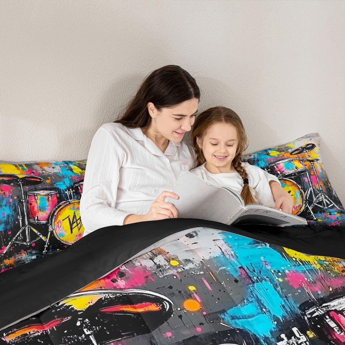 Erosebridal Drum Kit 3D Print Kids Comforter Sets Rock Music Themed Full Bedding Set for Boys Girls Musical Pattern Comforter Set,Colorful Retro Style Quilt Duvet 3 Pcs