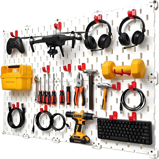 Kulle Peg Board,8 Pack Pegboard Wall Organizer,Plastic Pegboard Panels,Easy Install Heavy Duty Peg Board for Walls Home, Garage Tool Storage, Office Organization, Craft Room, Kitchen(White)