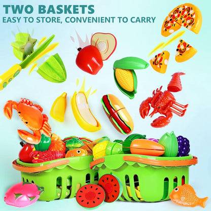 100 Pcs Play Food Set for Kids Kitchen, Pretend Food Toy for Toddlers Age 1-3, Plastics Cutting Fake Food/ Fruit/ Vegetable Accessories with 2 Baskets, Birthday Gifts for 2 3 4 5 Years Old Boys Girls