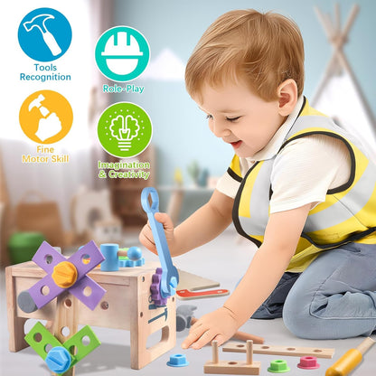 Aliex 38PCS Kids Wooden Truck Tool Set with Toy Drill for Toddlers Ages 3 4 5 6,Montessori STEM Educational Learning Construction Workbench Pretend Play Tool Kit,Birthday Sensory Gift for Boys Girls