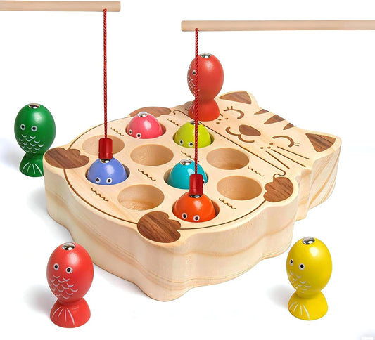 Magnetic Wooden Fishing Game Toys for Toddlers,Wooden Frog Magnets Fishing Learning Color Sorting Puzzle Montessori Preschool Educational Fine Motor Skills for 3 4 5 Years Old Boys Girls