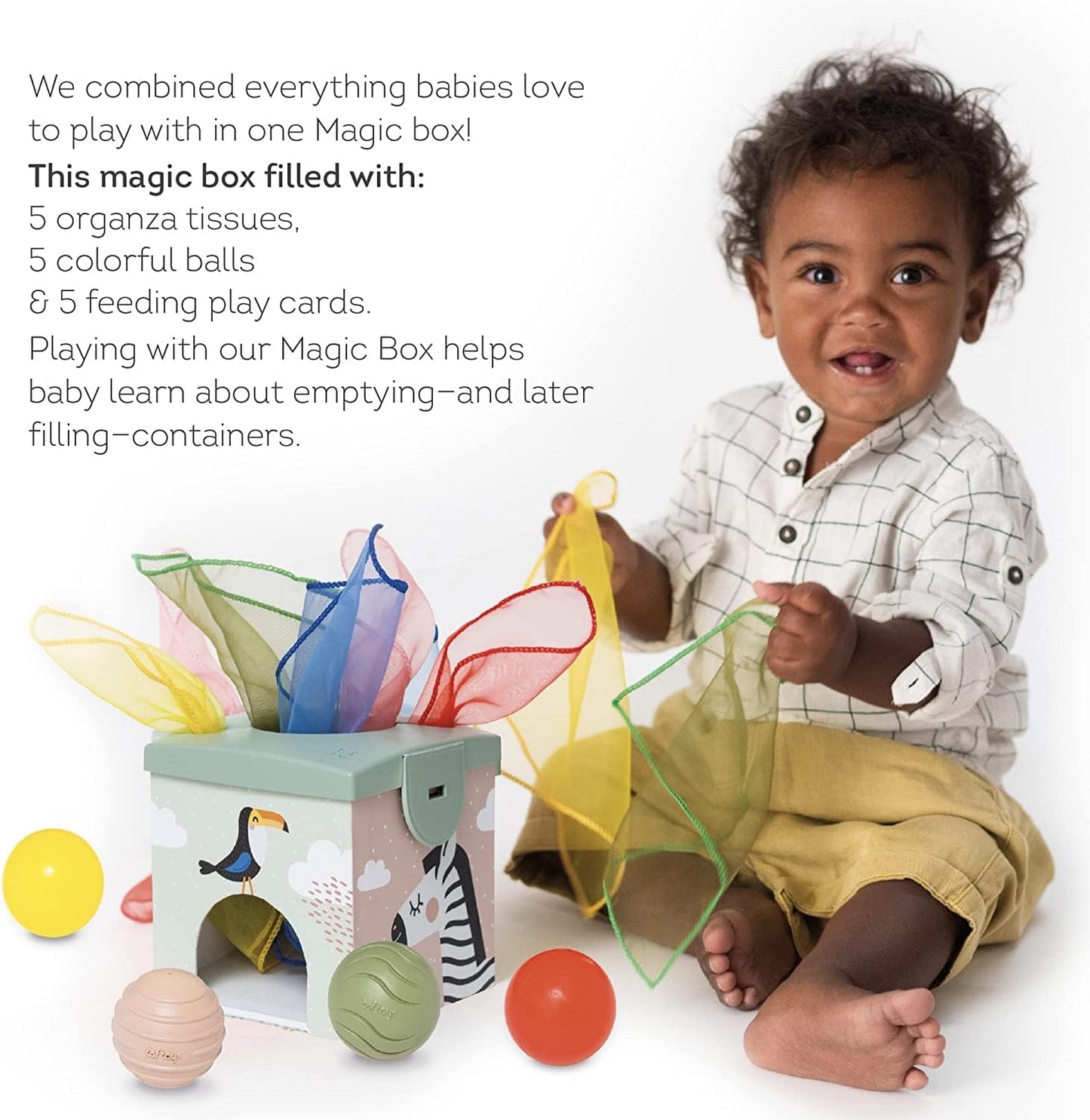Taf Toys Baby Tissue Box Toy Silicone Baby Toys 6-12 Months Montessori Toys Sensory Activity & 10 Tissues for Fine Motor Development Soft Interactive Silicone Learning Cube for 1 Year Old Toddlers