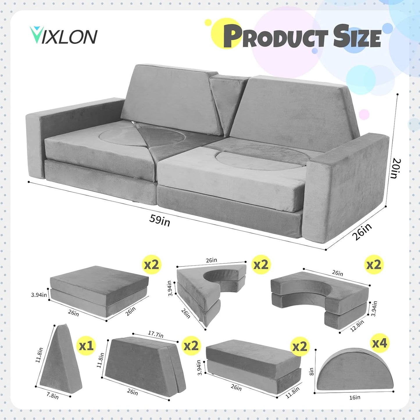 Tangram Puzzles modular kids play couch building fort, Children explorer sofa with Ball Pit, Kids playroom convertible furniture for Inspiring Child Creativity, Made entirely of sponge (Blue Series)