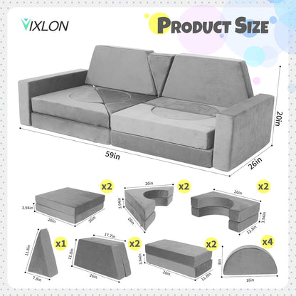 Tangram Puzzles modular kids play couch building fort, Children explorer sofa with Ball Pit, Kids playroom convertible furniture for Inspiring Child Creativity, Made entirely of sponge (Blue Series)