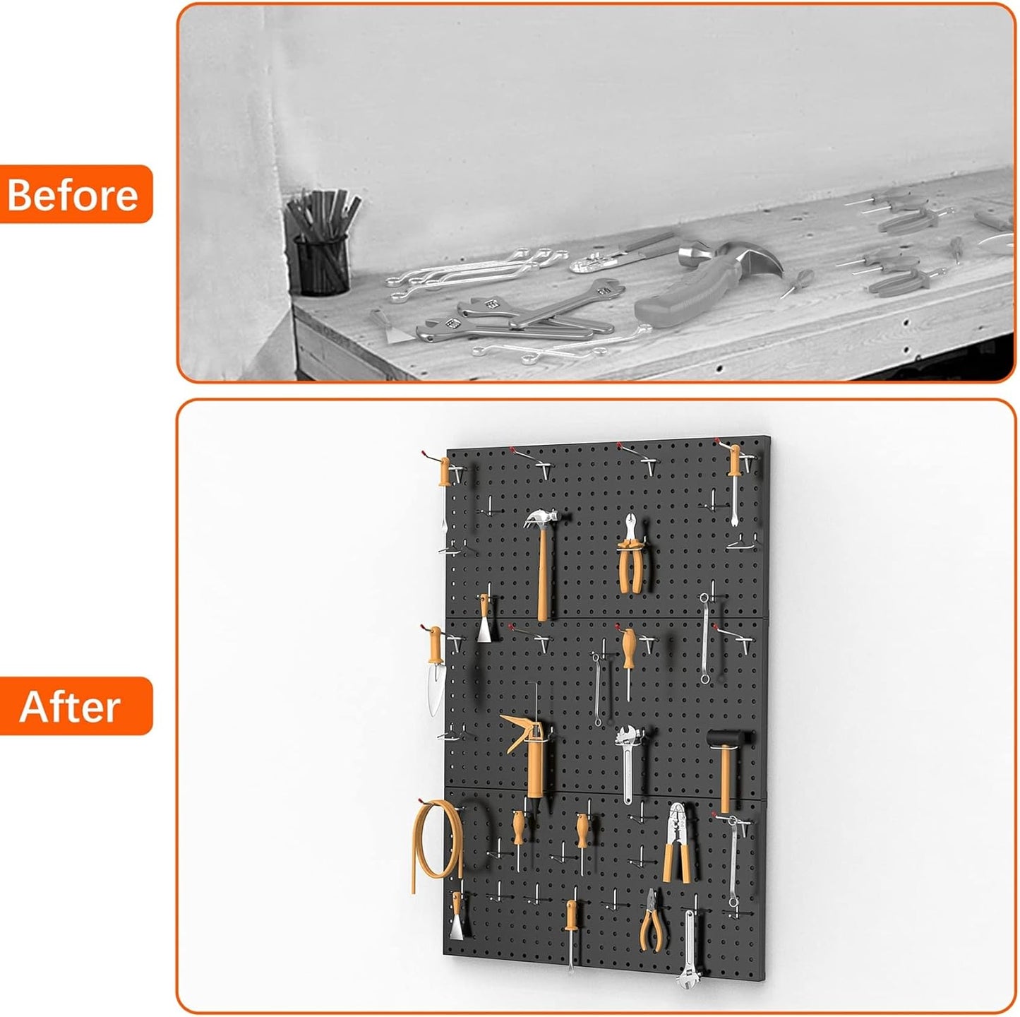 TORACK 3 PCS Metal Pegboard Panels(12x24 inch) for Wall Garage Tools Storage Pegboard for Workbench, Modular Peg Board Tool Organizer Board Kit(Pack of 3, Orange)