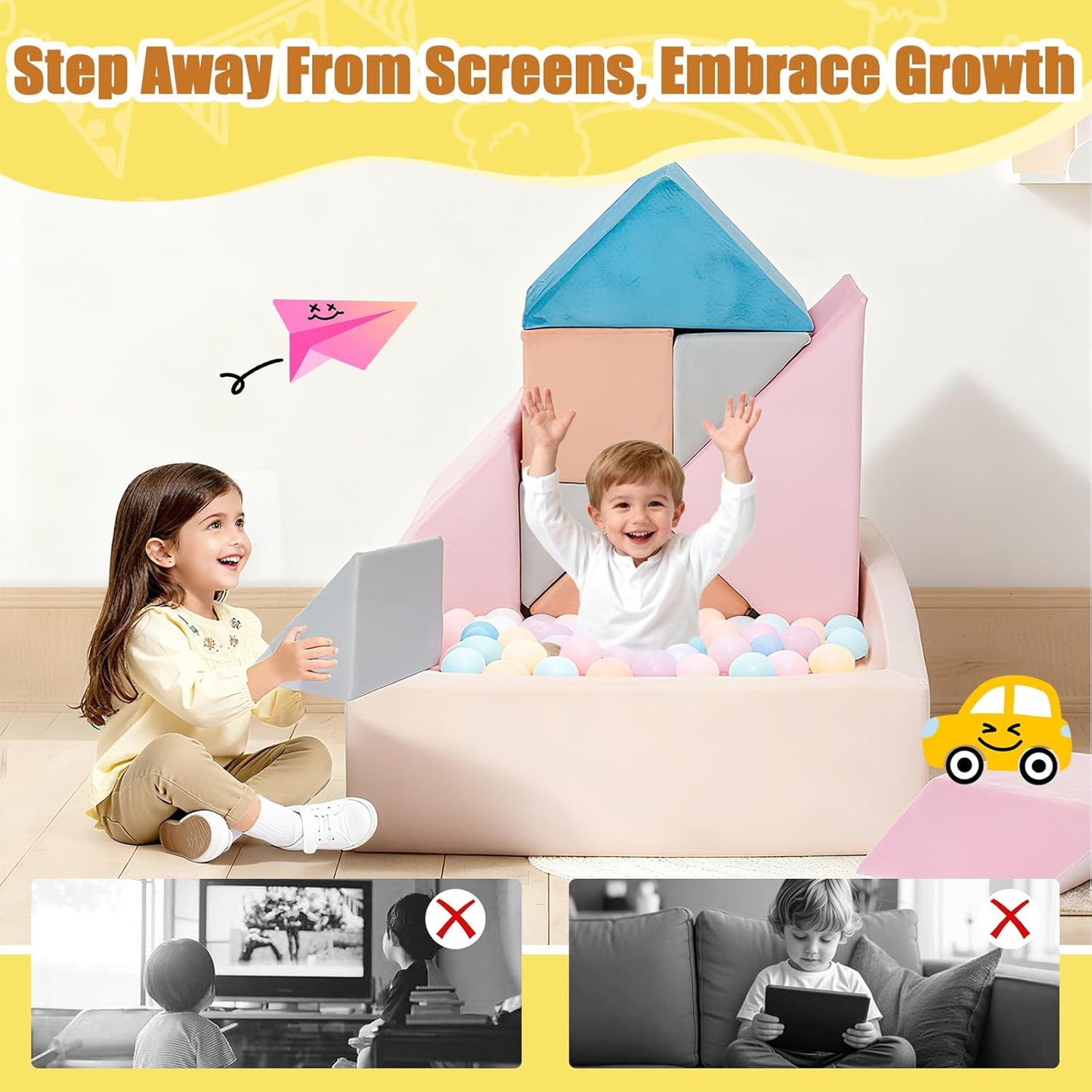 Tangram Puzzles modular kids play couch building fort, Children explorer sofa with Ball Pit, Kids playroom convertible furniture for Inspiring Child Creativity, Made entirely of sponge (Blue Series)