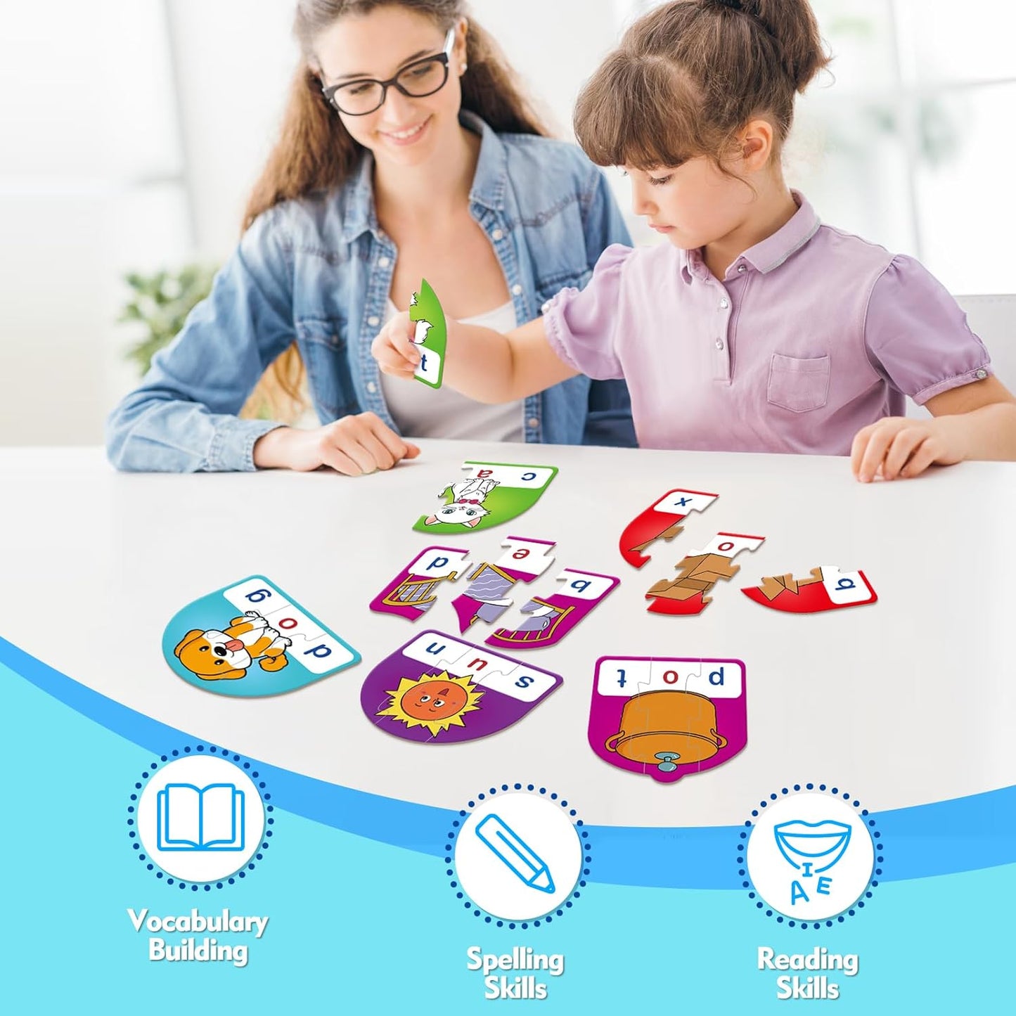 Kasfalci CVCC & CCVC Puzzle Cards for Kids - Word & Phonics Games, Speech Therapy Toys for Toddlers, 4 Alphabet Letter Word Puzzles, Learning Spelling Games